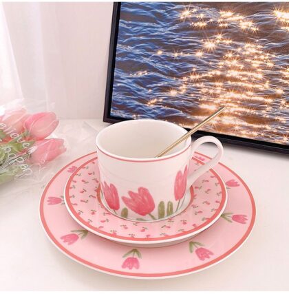 Tulip Pink Coffee Cup Set With Saucer
